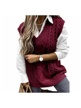 Women's Long Cable Knit Sweater Vest Loose V-Neck Sleeveless Pullover
